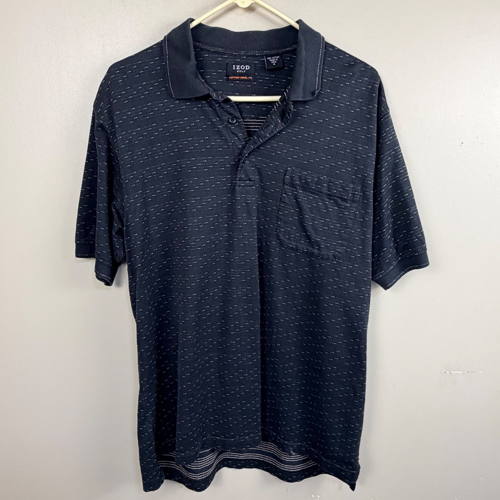 IZOD Golf Polo Shirt Mens Medium Blue Cotton Cool-FX Short Sleeve Pocket Stripe